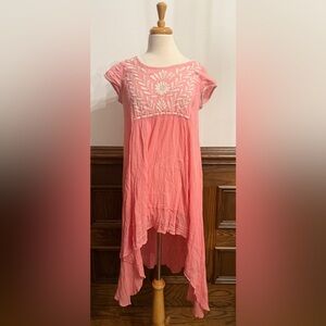 Free People Pink Gauze Embroidered Hi-Low  Babydoll Boho Mini Dress XS